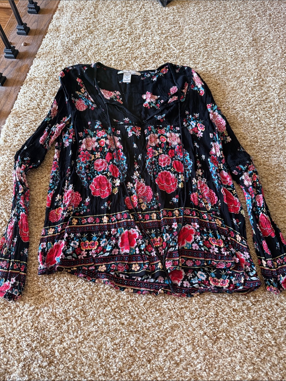 American rag Floral V-Neck Long Sleeve Blouse - Black with Rose Print